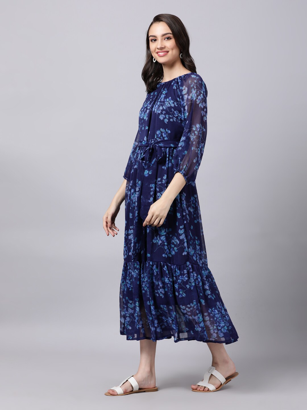 Souchii Navy Blue Floral Layered Chiffon A-Line Midi Dress - Swadesiicart