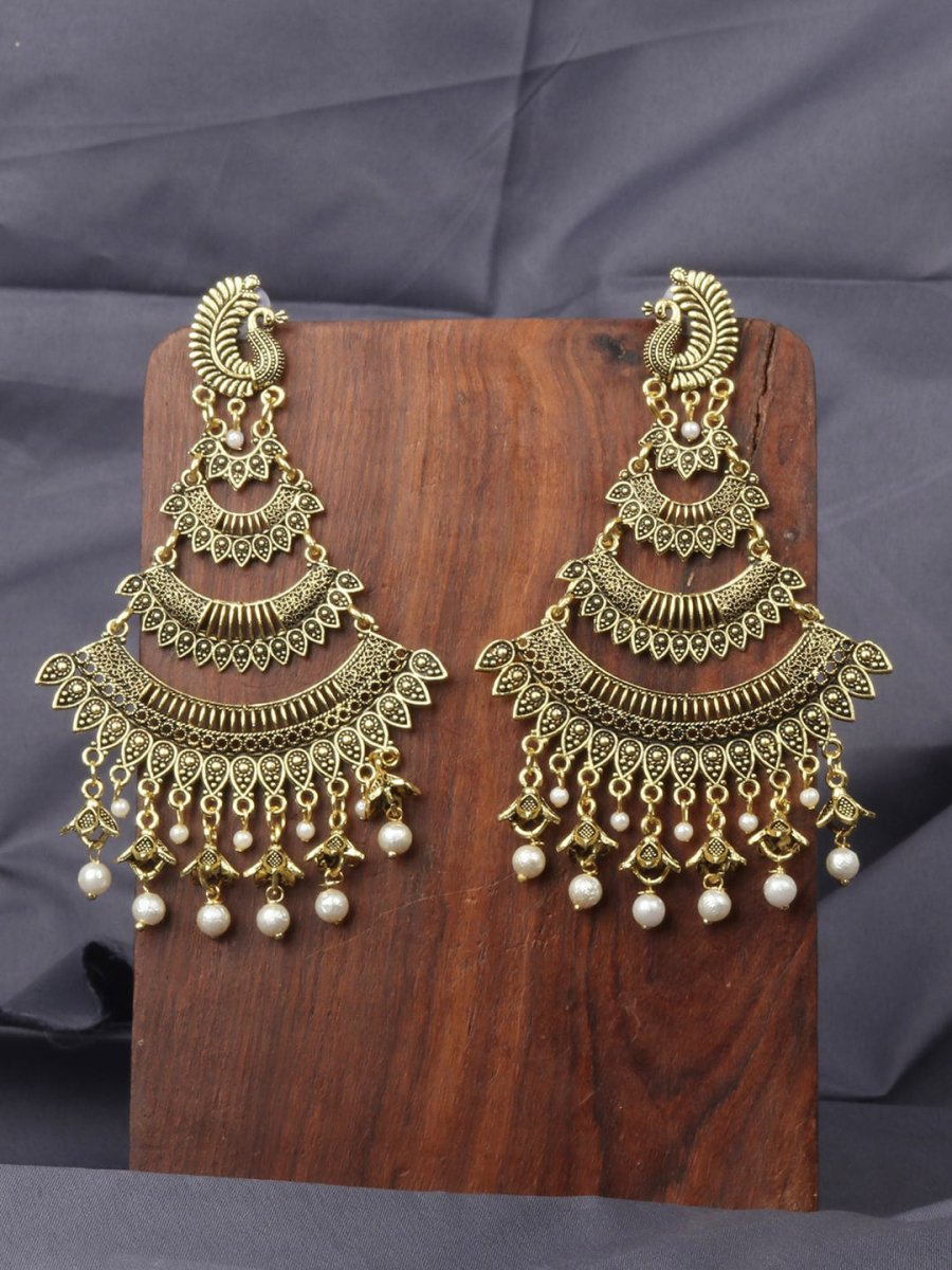 Anikas Creation Gold-Toned & White Peacock Shaped Chandbalis Earrings | Swadesiicart