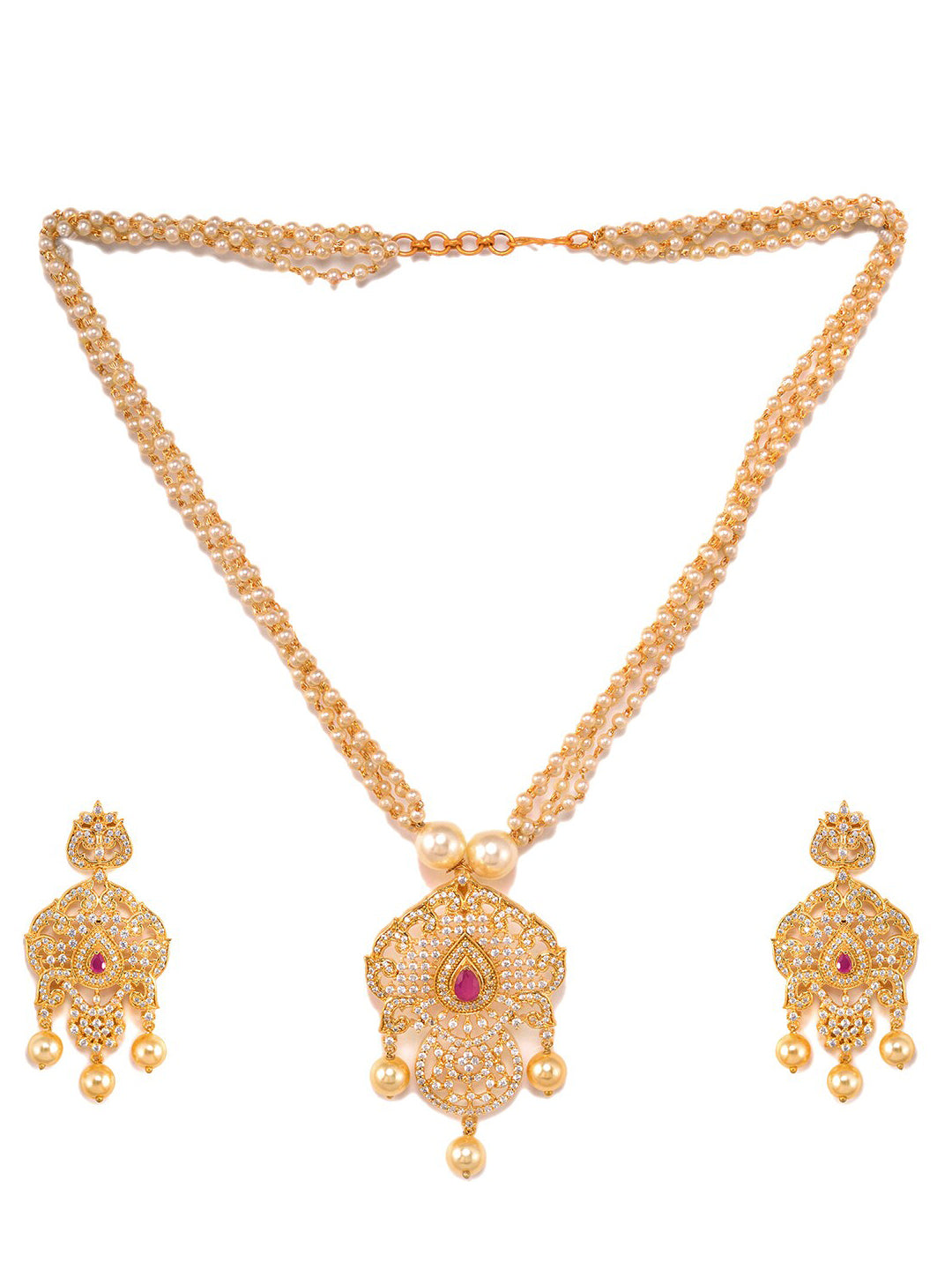 Saraf RS Jewellery Gold-Polished White & Magenta American Diamond Studded Jewellery Set - Swadesiicart