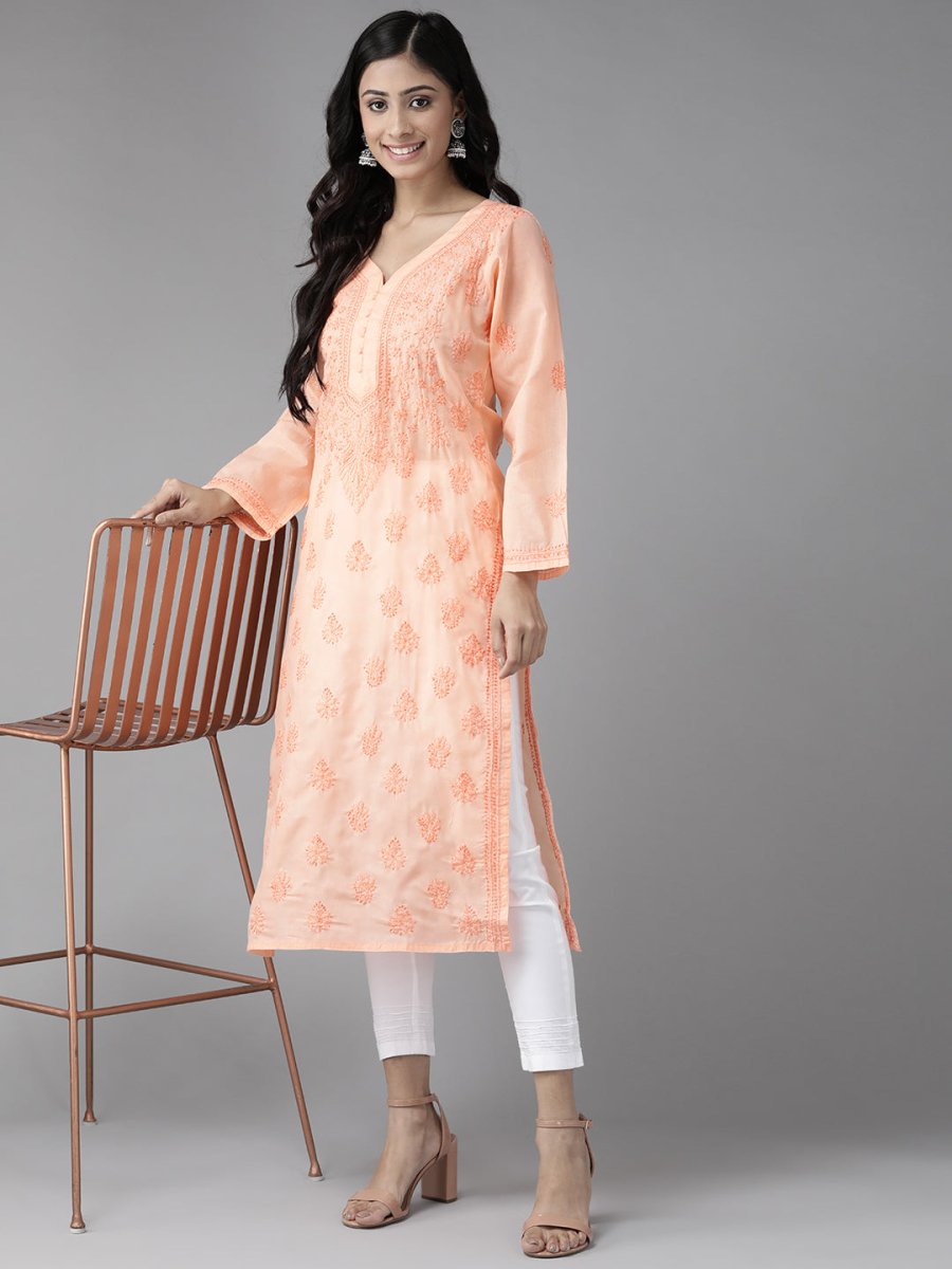 ADA Women Peach-Coloured & White Chikankari Embroidered Handloom Kurta with Cotton Trousers | Swadesiicart