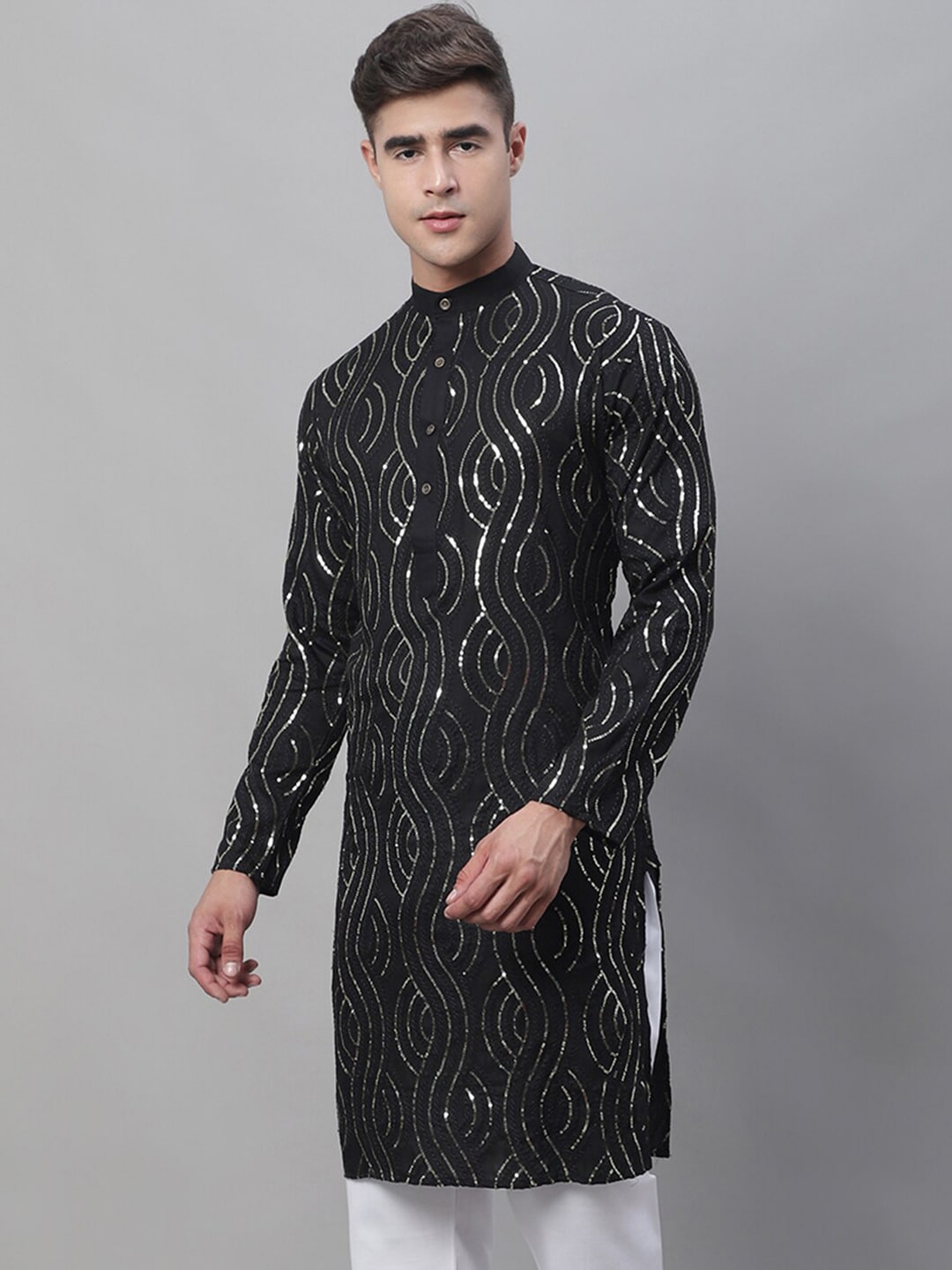 Sojanya Sequined Mandarin Collar Pure Cotton Kurta | Swadesiicart