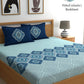 Dreamscape Blue Ethnic Motifs 140 TC Fitted Cotton King Bedsheet & Pillow Covers - Swadesiicart