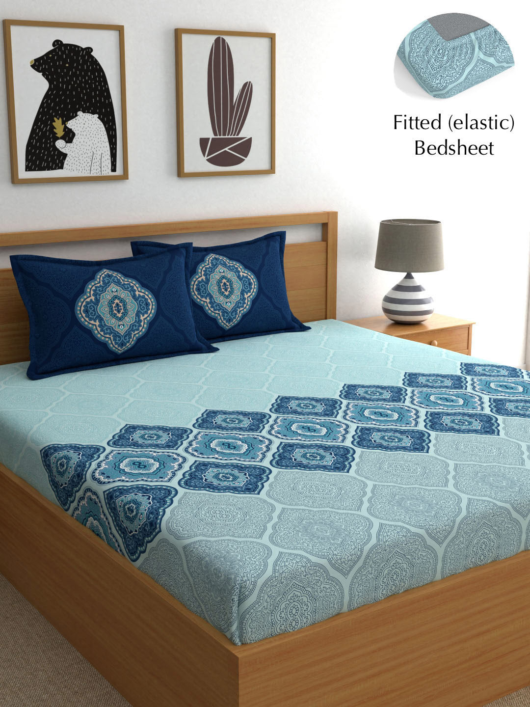 Dreamscape Blue Ethnic Motifs 140 TC Fitted Cotton King Bedsheet & Pillow Covers - Swadesiicart