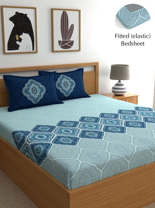 Dreamscape Blue Ethnic Motifs 140 TC Fitted Cotton King Bedsheet & Pillow Covers - Swadesiicart