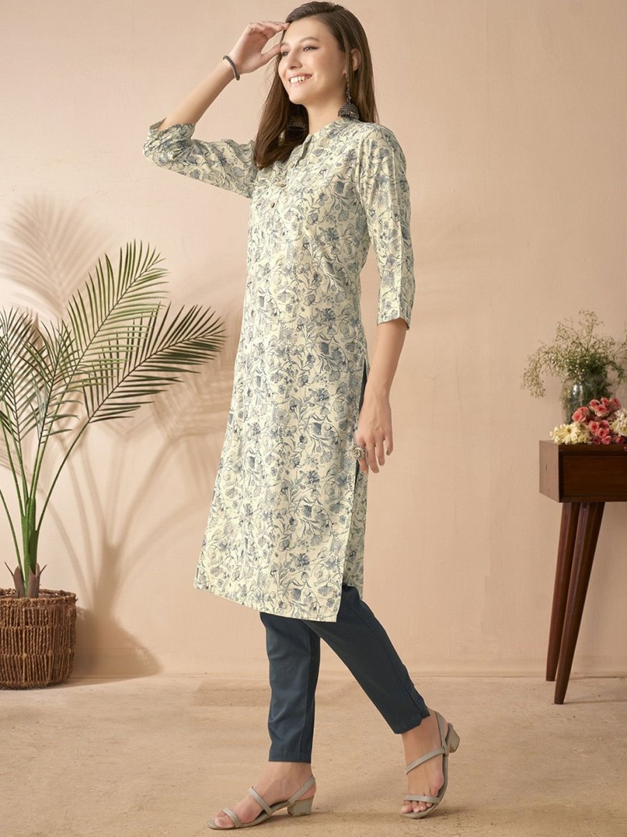 Anouk White & Blue Floral Printed Mandarin Collar Chanderi Silk Straight Kurta - Swadesiicart
