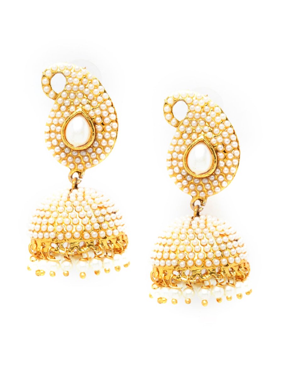 Anikas Creation Off-White & Gold-Polished Contemporary Jhumkas - Swadesiicart