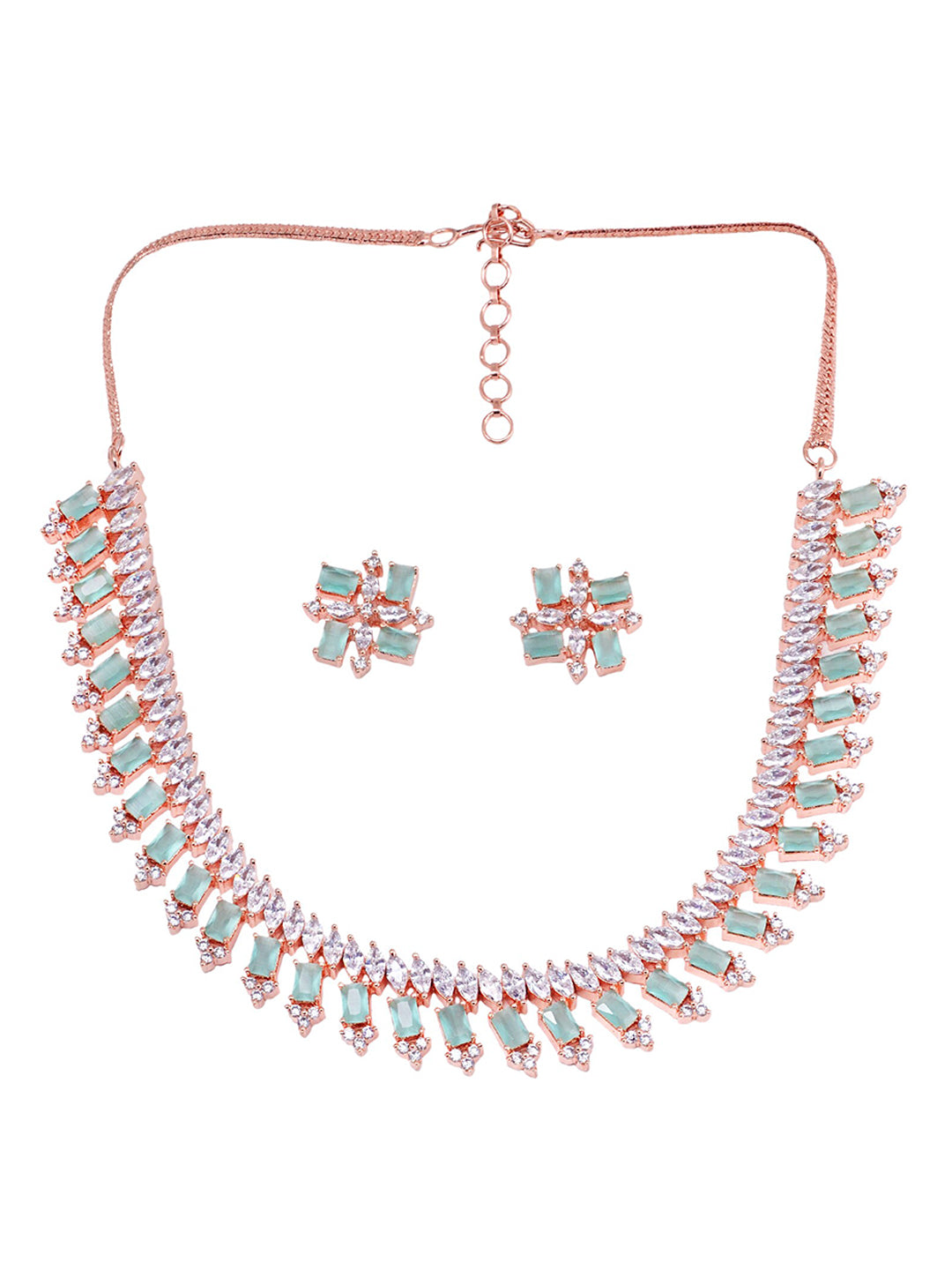 Saraf RS Jewellery Sea Green & Rose Gold-Polished American Diamond Studded Jewellery Set - Swadesiicart