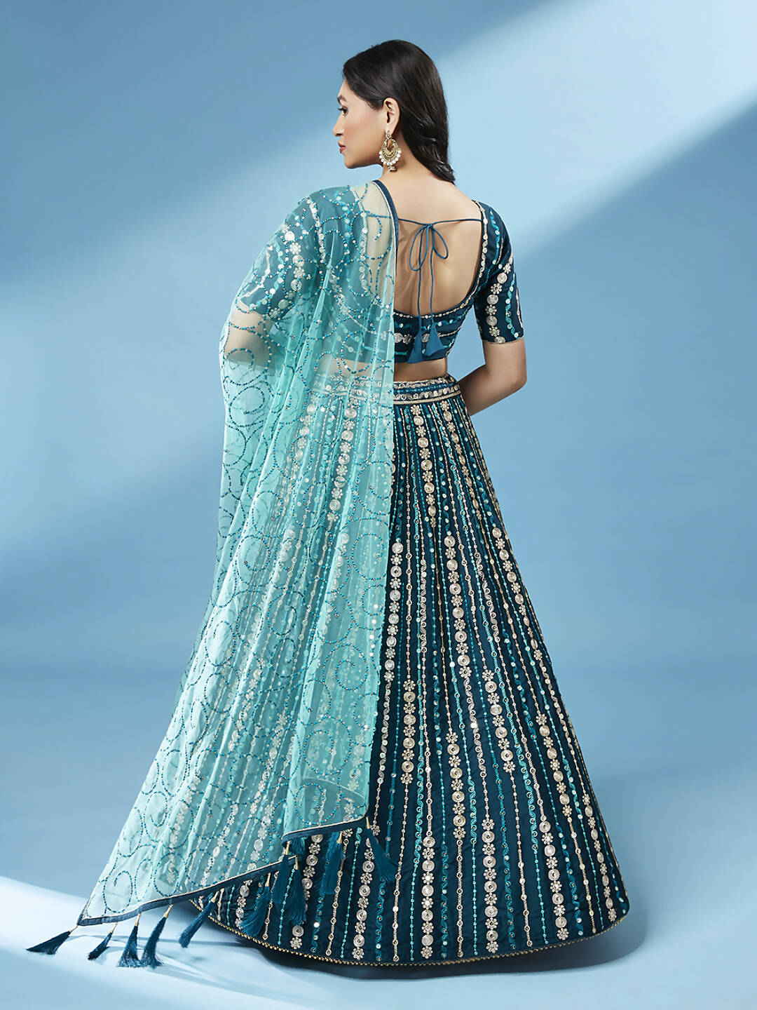 House of Panchhi Teal Pure Georgette Sequinse Work Lehenga & Blouse with Dupatta | Swadesiicart