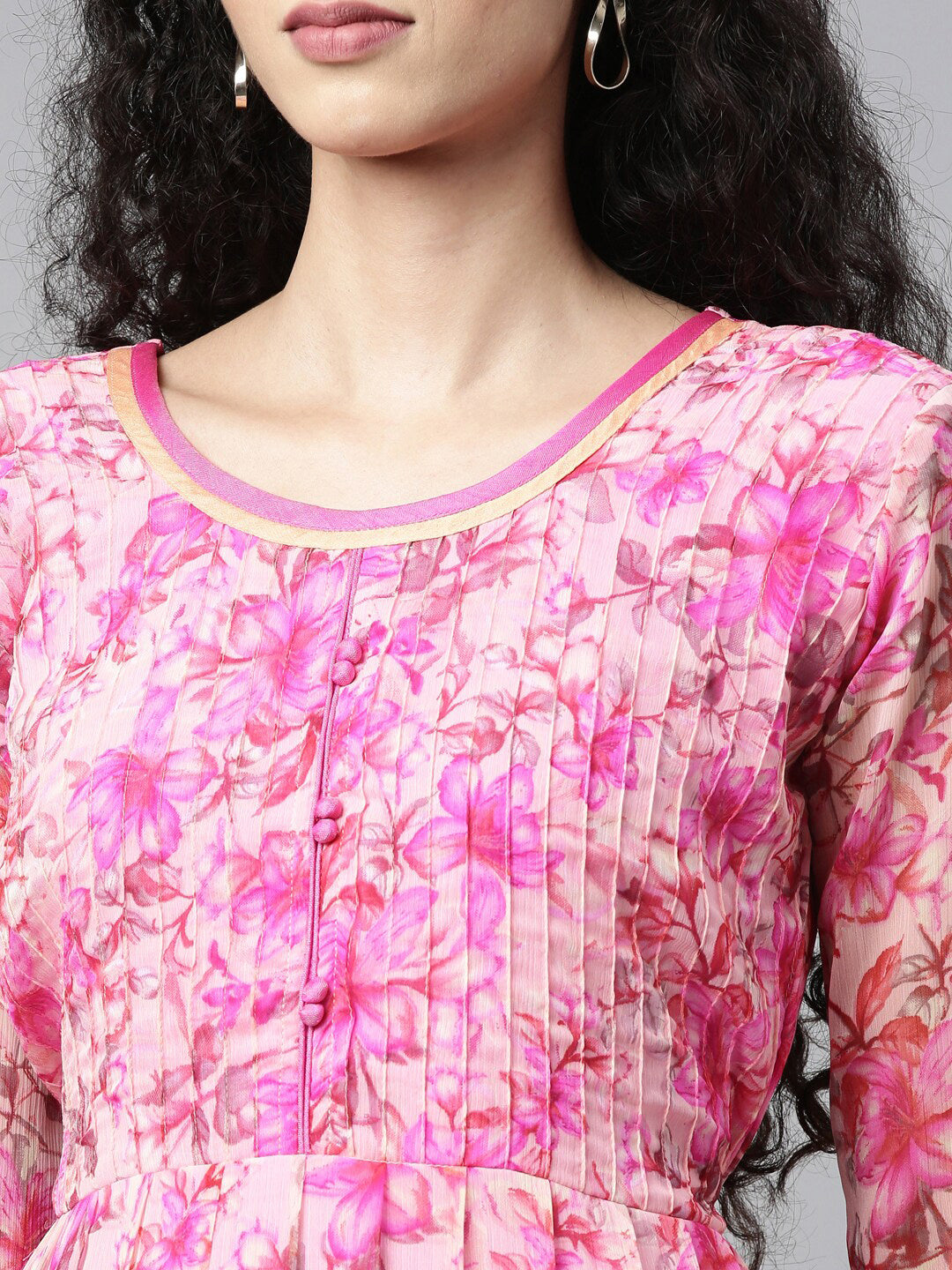 Souchii Beautiful Pink & peaches n cream Floral Layered Chiffon Midi Dress - Swadesiicart