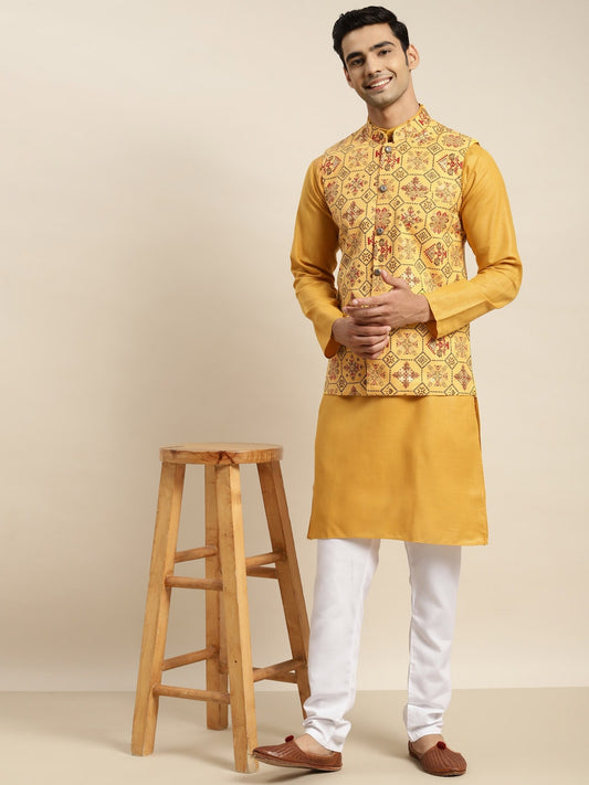 Sojanya Men Mustard Yellow Pure Cotton Kurta with Churidar & Nehru Jacket | Swadesiicart
