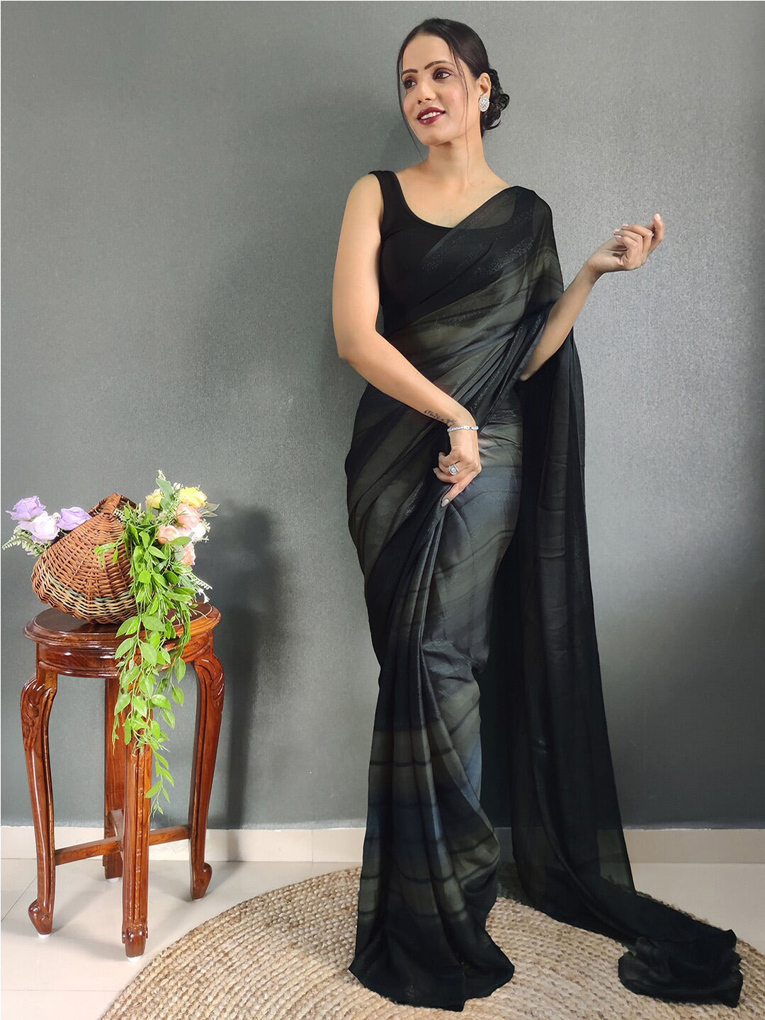 Mitera Striped Zari Poly Georgette Ready to Wear Saree | Swadesiicart