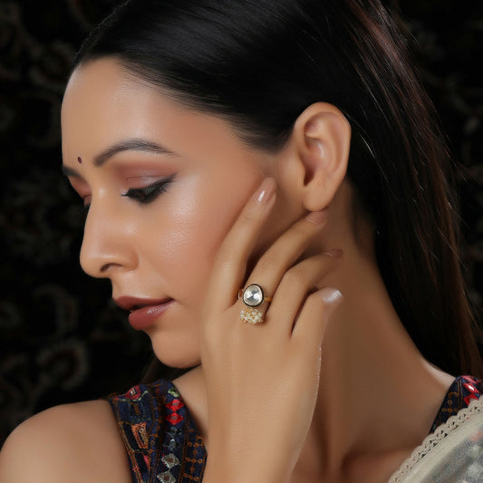 Kundan Ring with Pearls (Gold) - Ruby Raang | Swadesiicart