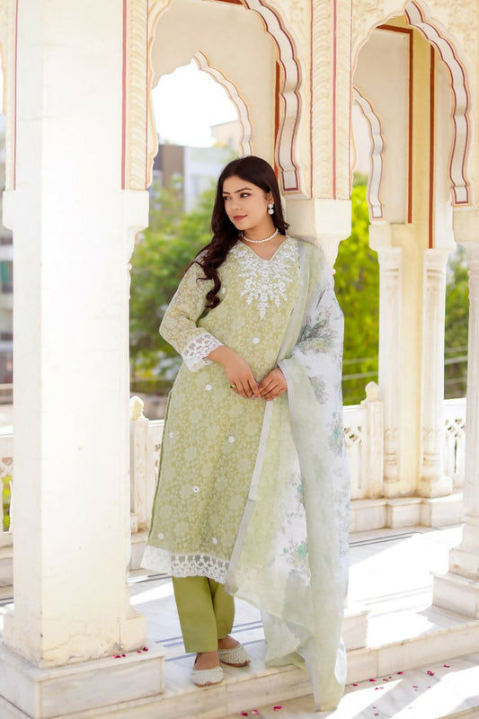 Vaasva Women Pista Green Linen Printed Kurta, Pant & Dupatta set | Swadesiicart