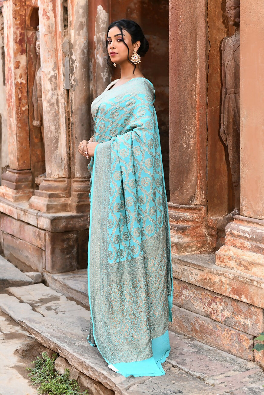 Joban Fashion Teal Green Crepe Chiffon Pure Handloom Banarasi Silk Saree | Swadesiicart