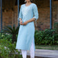 Juniper Women's Blue Sheer Sucker Embroidered Straight Kurta | Swadesiicart