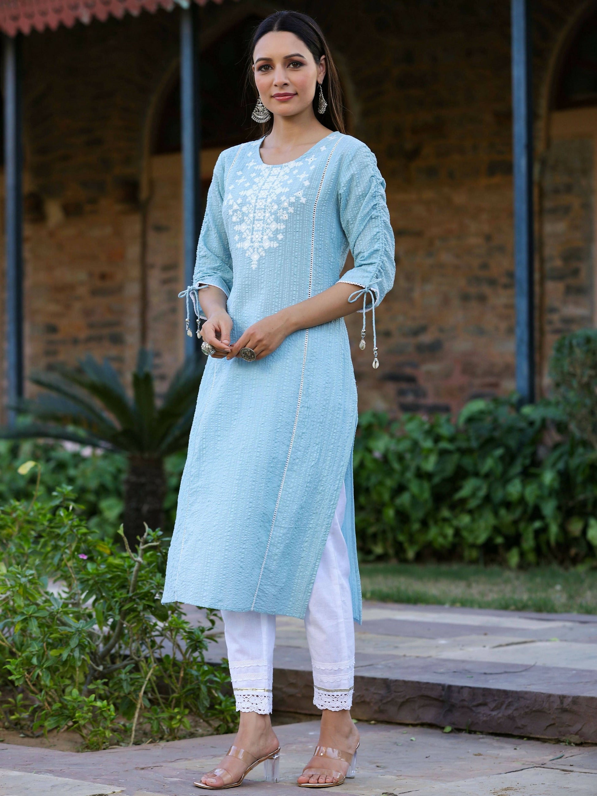 Juniper Women's Blue Sheer Sucker Embroidered Straight Kurta | Swadesiicart
