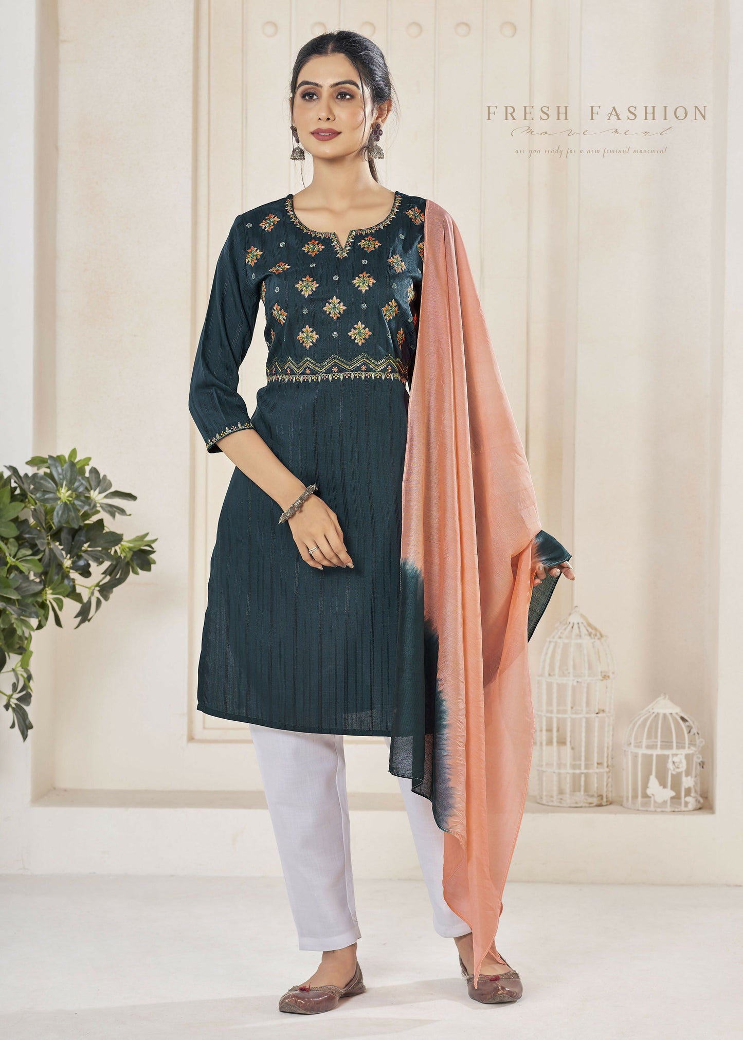Jyoti Fashion Women's Morpich Pure Viscose Weaving Stripe with Embroidery Kurta Set | Swadesiicart