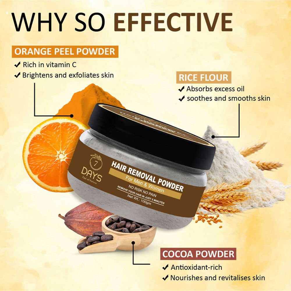 7 Days Pure Hair Removal Powder Three in one Use For Powder D-Tan Skin, Removing Hair Cream - Swadesiicart