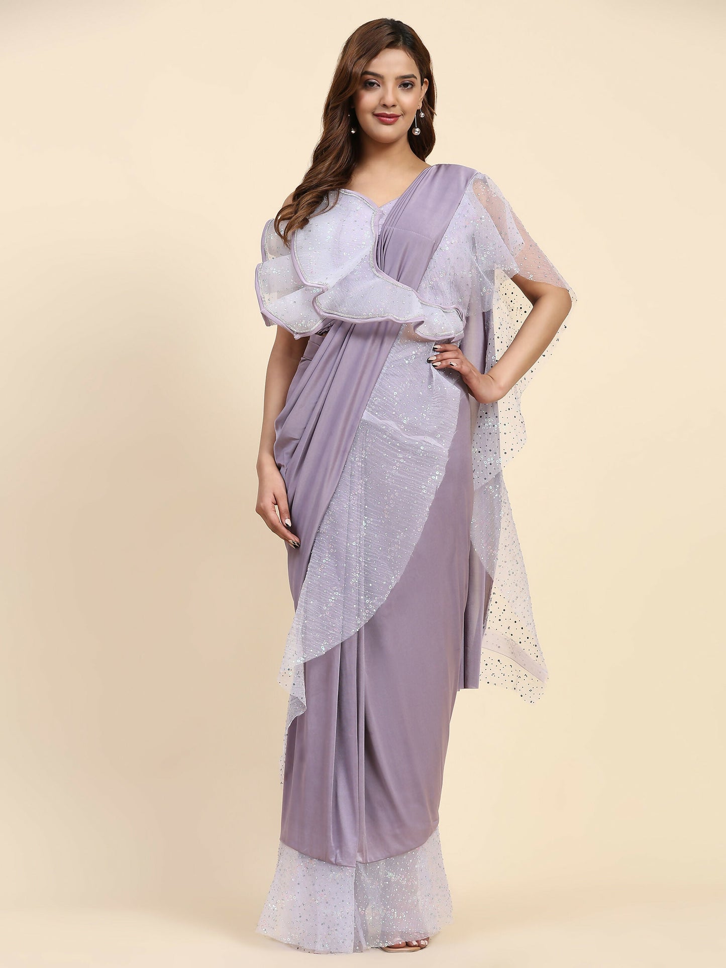 Light Purple Lycra Solid Ready to Wear Saree with stitched Blouse - Nita | Swadesiicart