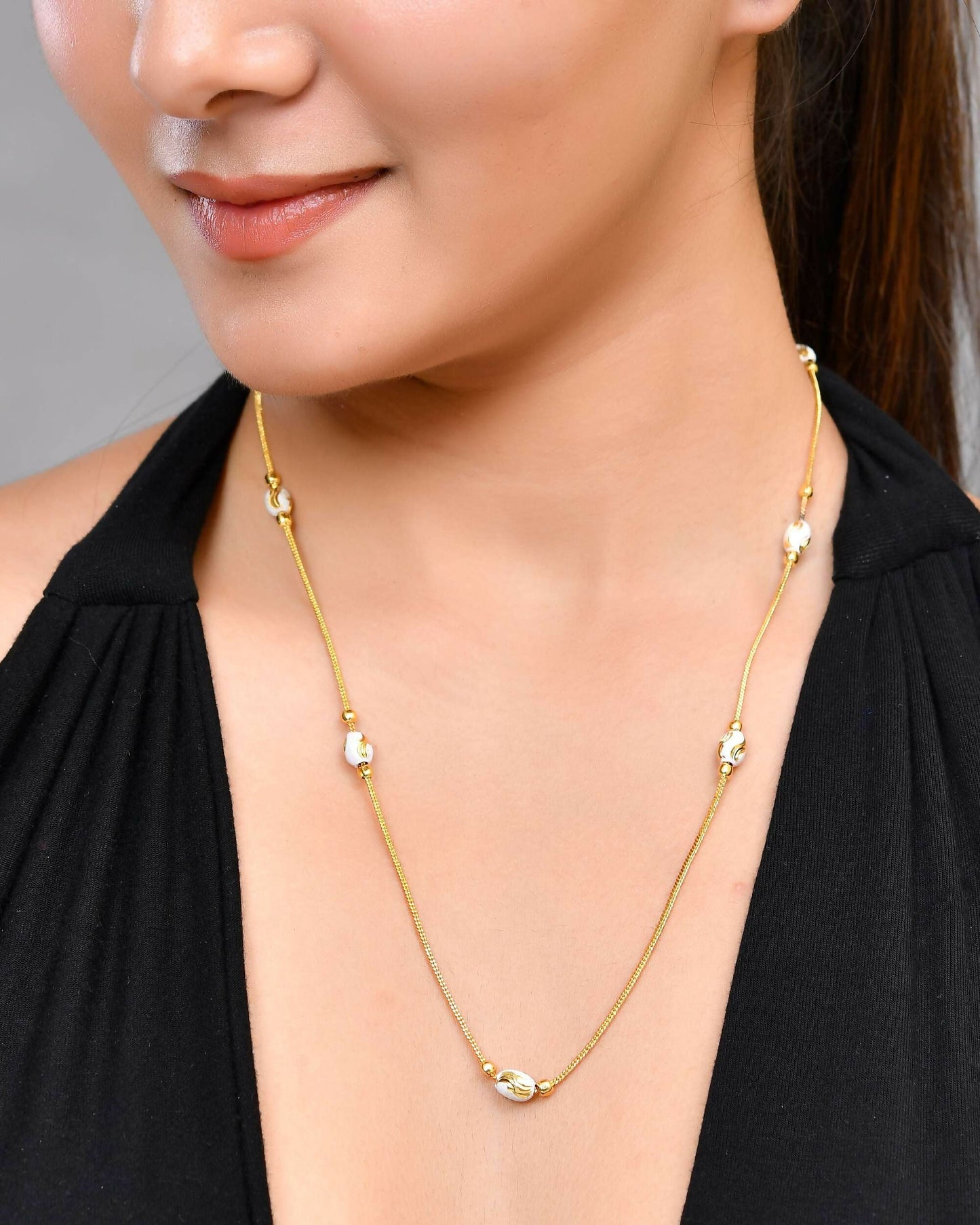 VOJ Gold-Polished Chain with White Hand Crafted Beads | Swadesiicart