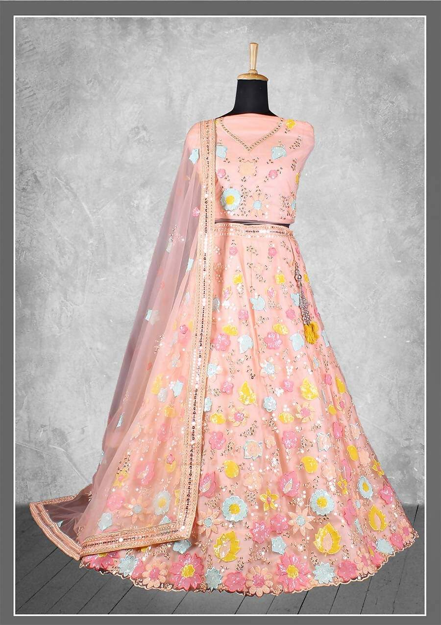 Peach Net, Satin Silk Cord And Sequins Floral Embroidery Semi-Stitched Lehenga Choli - Nimaya Kangan | Swadesiicart