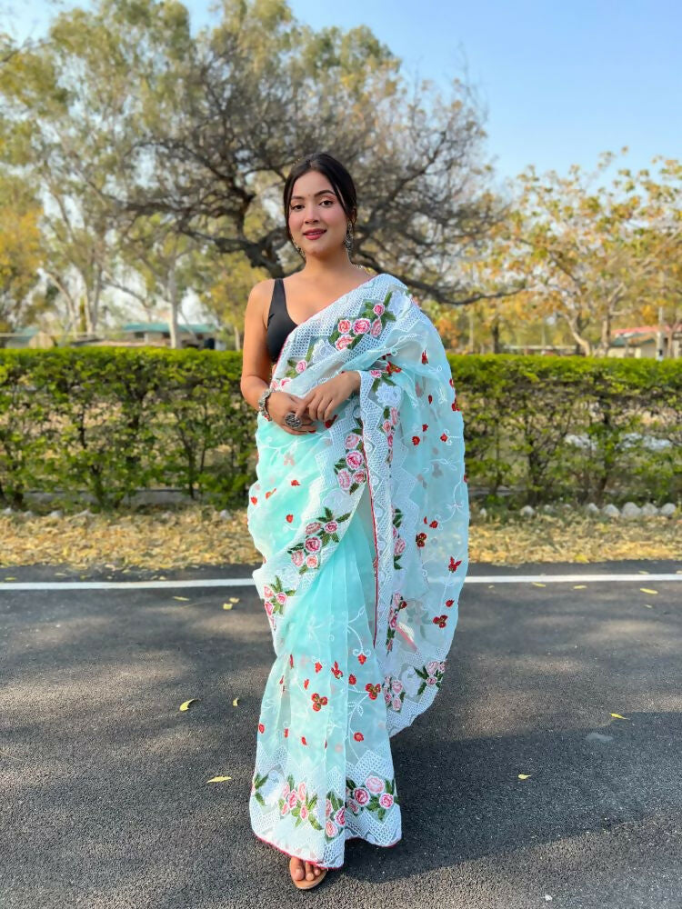 Vamsee Kamaljaal Sky Organza Saree - Swadesiicart