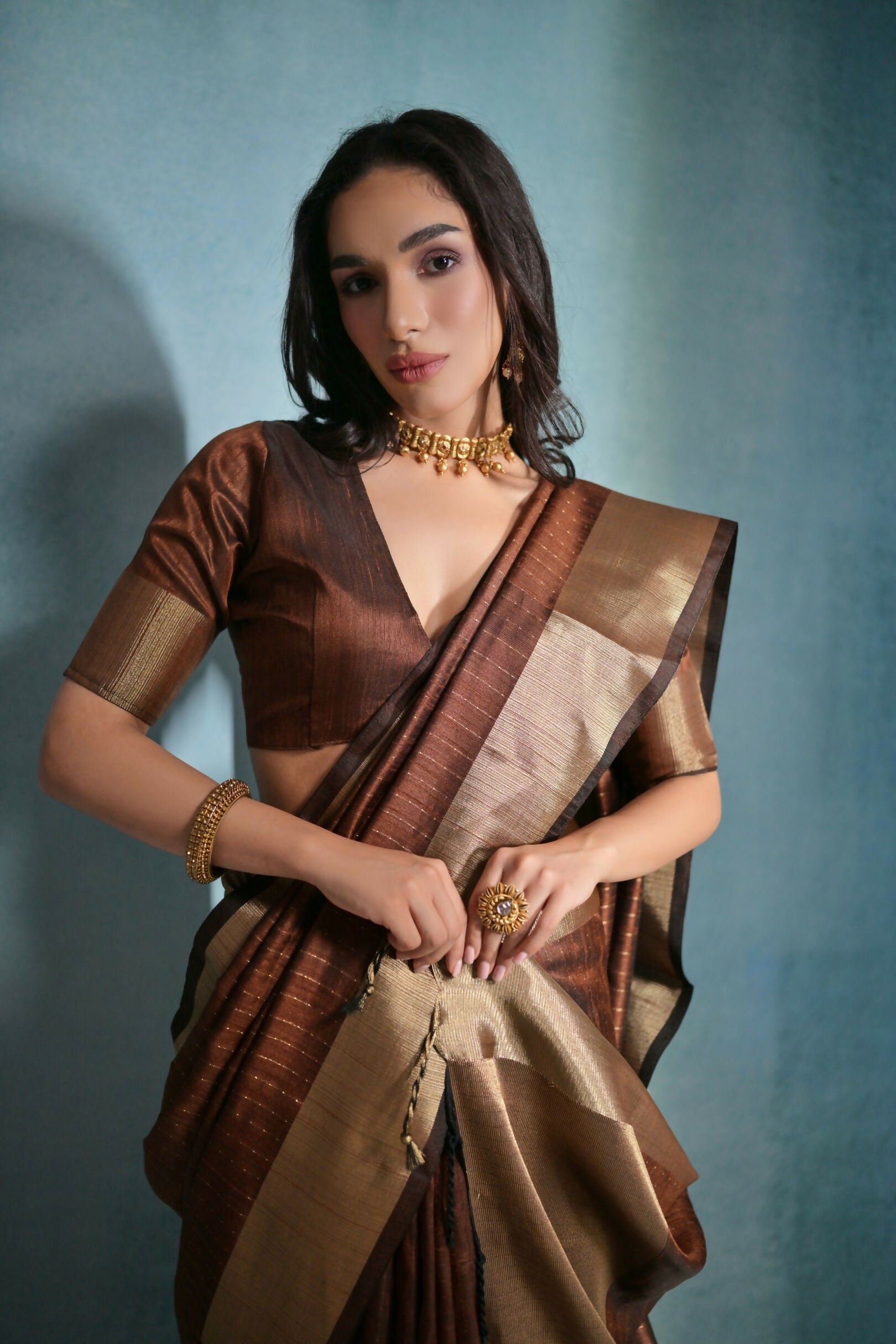 Vishnu Weaves Women's Coffee Raw Silk Zari Woven Saree with Blouse - Swadesiicart