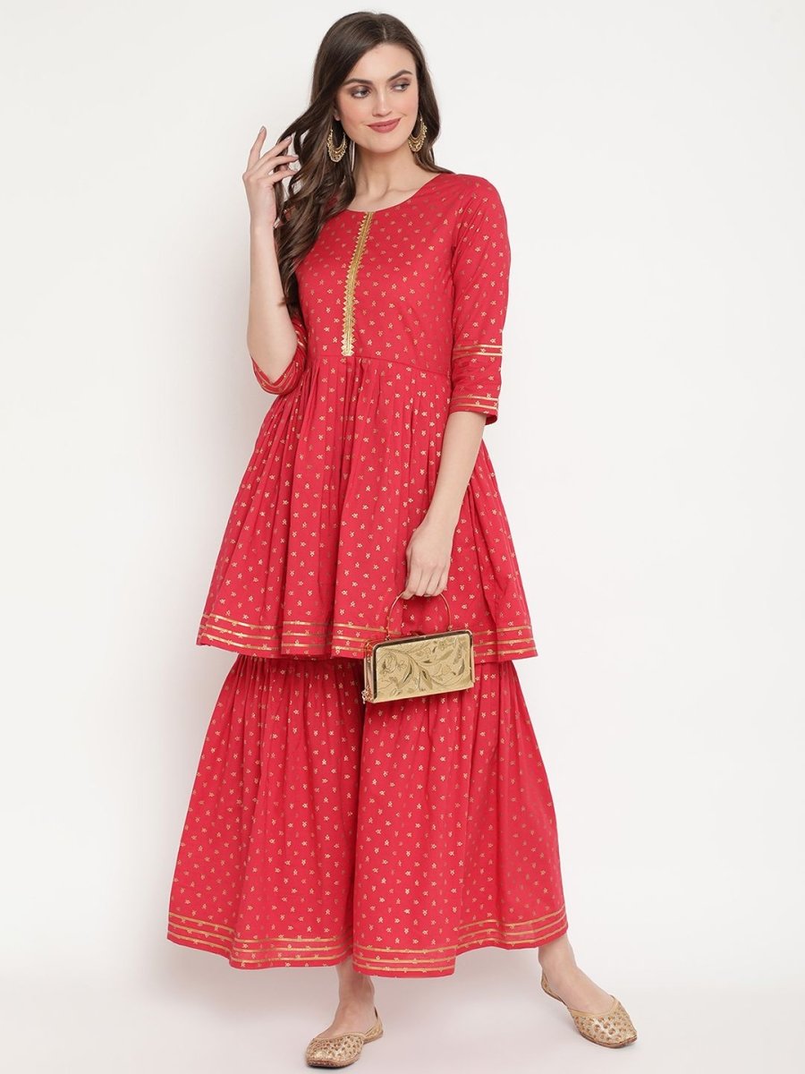 Ahalyaa Women's Red Cotton Gold Print Kurta Sharara Set | Swadesiicart