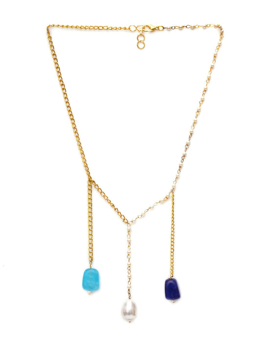 Long Pearl and Gold Chain Neckpiece (Gold) - Ruby Raang | Swadesiicart