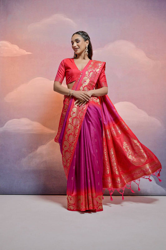 Vishnu Weaves Women's Wine Soft Silk Zari Woven Saree with Blouse - Swadesiicart