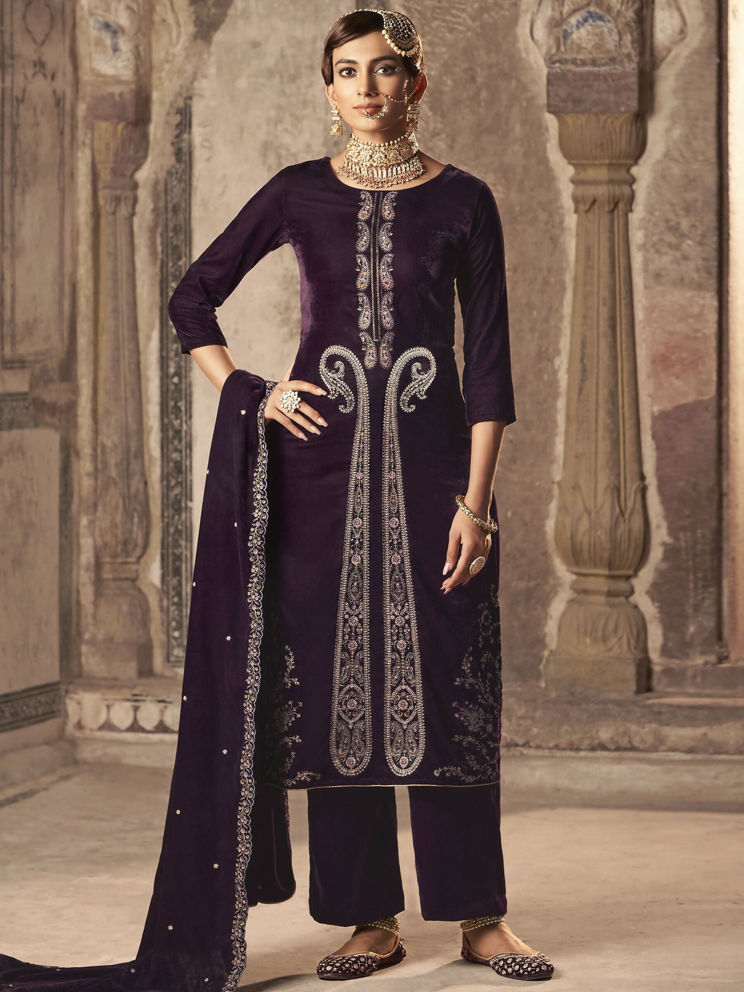 Jyoti Fashion Women's Wine Velvet Floral Resham Thread with Jari work Kurta with Trouser & Dupatta | Swadesiicart