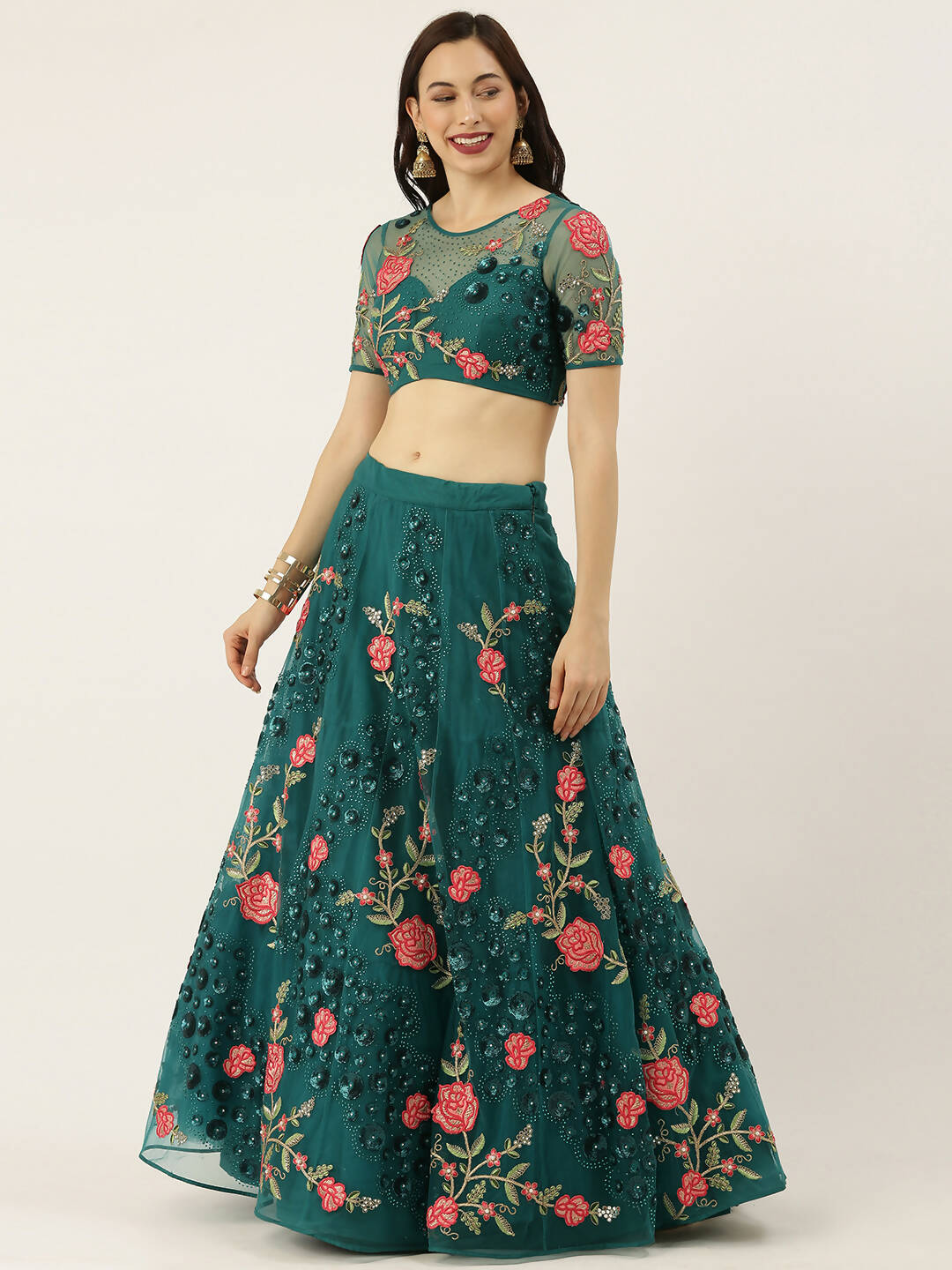 House of Panchhi Teal Net Semi stitched Coding, Sequins and Saroski Stone Work Lehenga Choli | Swadesiicart