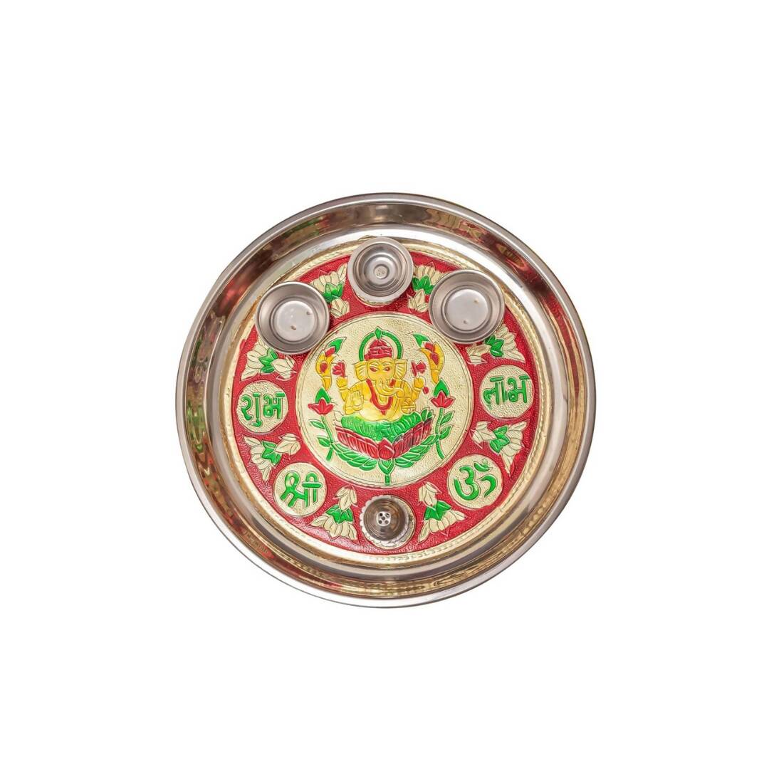 Tied Ribbons Red & Green Printed Pooja Thali With Attached Incense Diya Tilak Holder | Swadesiicart