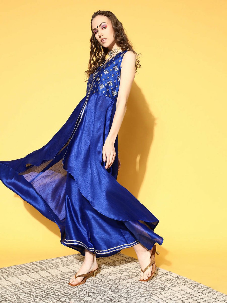 Ahalyaa Women Royal Blue Colour Poly Silk Printed Kurta Palazzo Set | Swadesiicart