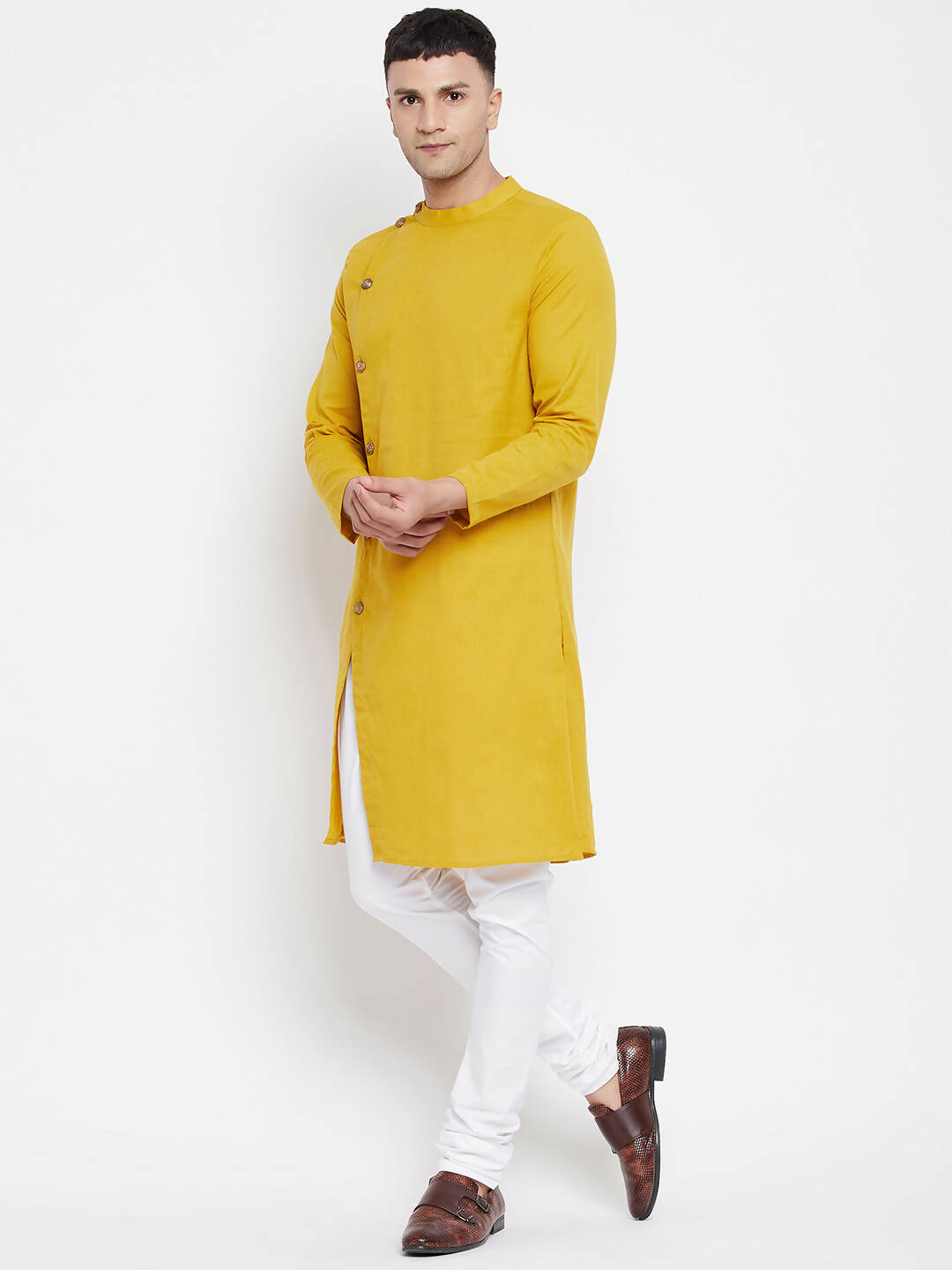 Even Apparels Yellow Pure Cotton Men's Sherwani Kurta With Asymetrical Cut | Swadesiicart