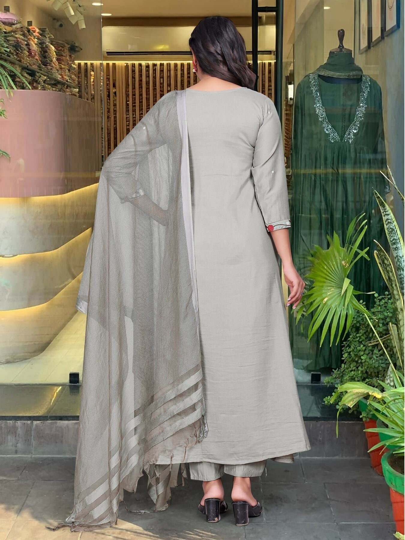 The52 Grey Women's Gorgeous Chinon Viscose Fabric Embroidered Work Straight Kurta Pant and Dupatta Set - Swadesiicart
