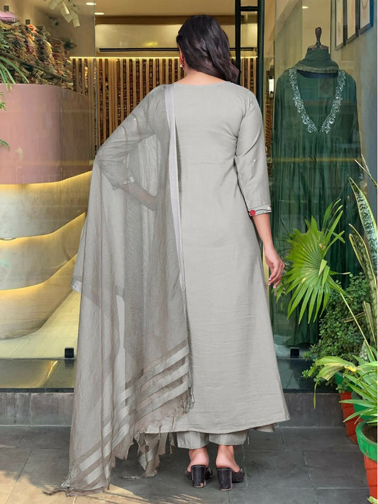 The52 Grey Women's Gorgeous Chinon Viscose Fabric Embroidered Work Straight Kurta Pant and Dupatta Set - Swadesiicart