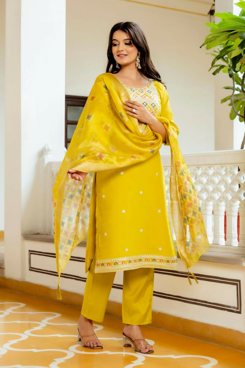 The52 Yellow Women's Beautiful Embroidered Viscose Shimmer Fabric with Straight Kurta, Pant and Dupatta Set - Swadesiicart