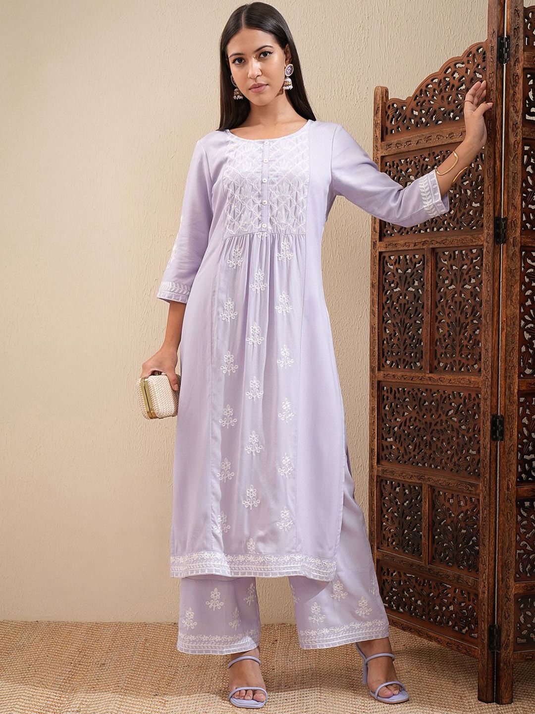 Vishudh Floral Embroidered Straight Kurta with Palazzos - Swadesiicart