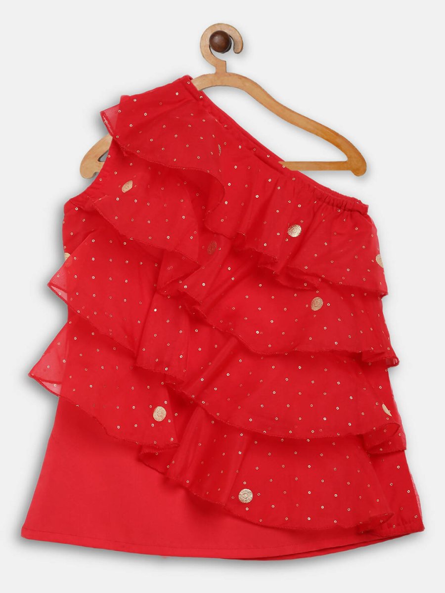 Ahalyaa Red Georgette Ruffel Kids Top With Bottom For Girls | Swadesiicart