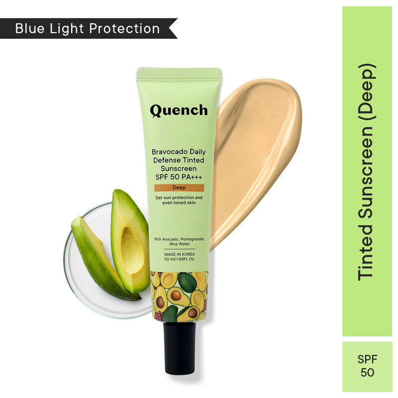 Quench Vitamin E Tinted SPF 50 Sunscreen PA+++ with both Mineral & Chemical Actives (Deep) | Swadesiicart