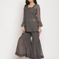 Ahalyaa Women Charcoal Grey Poly Chiffon Angrakha Kurta with Inner & Sharara | Swadesiicart
