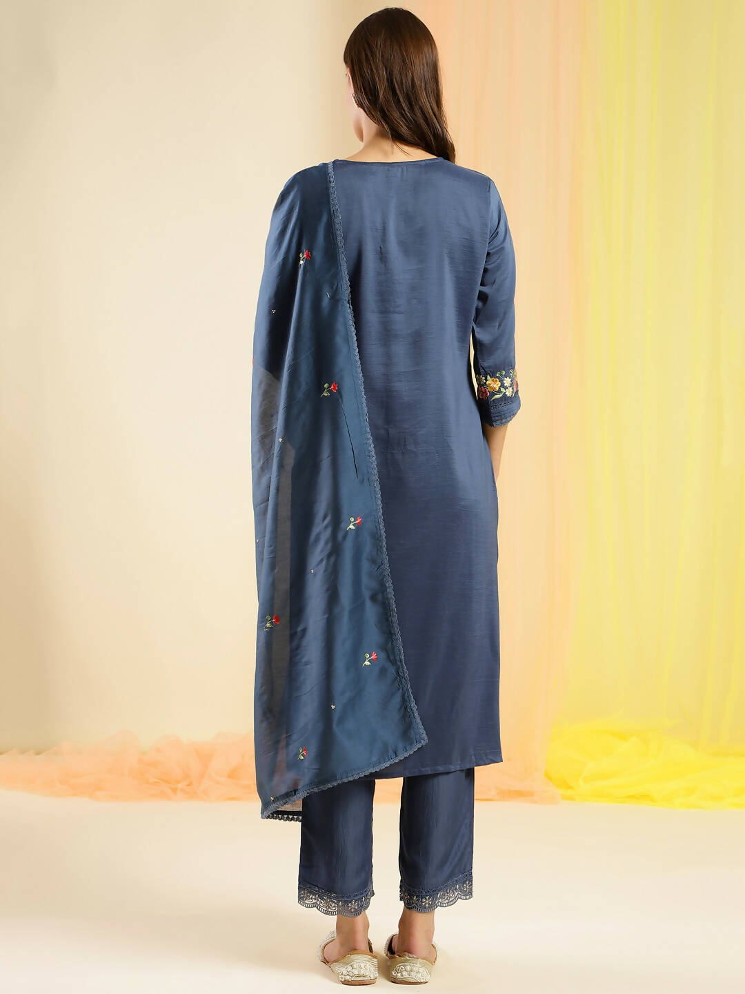 Blue Chinon Embroidered Straight Kurta with Trouser & Dupatta - Salimar