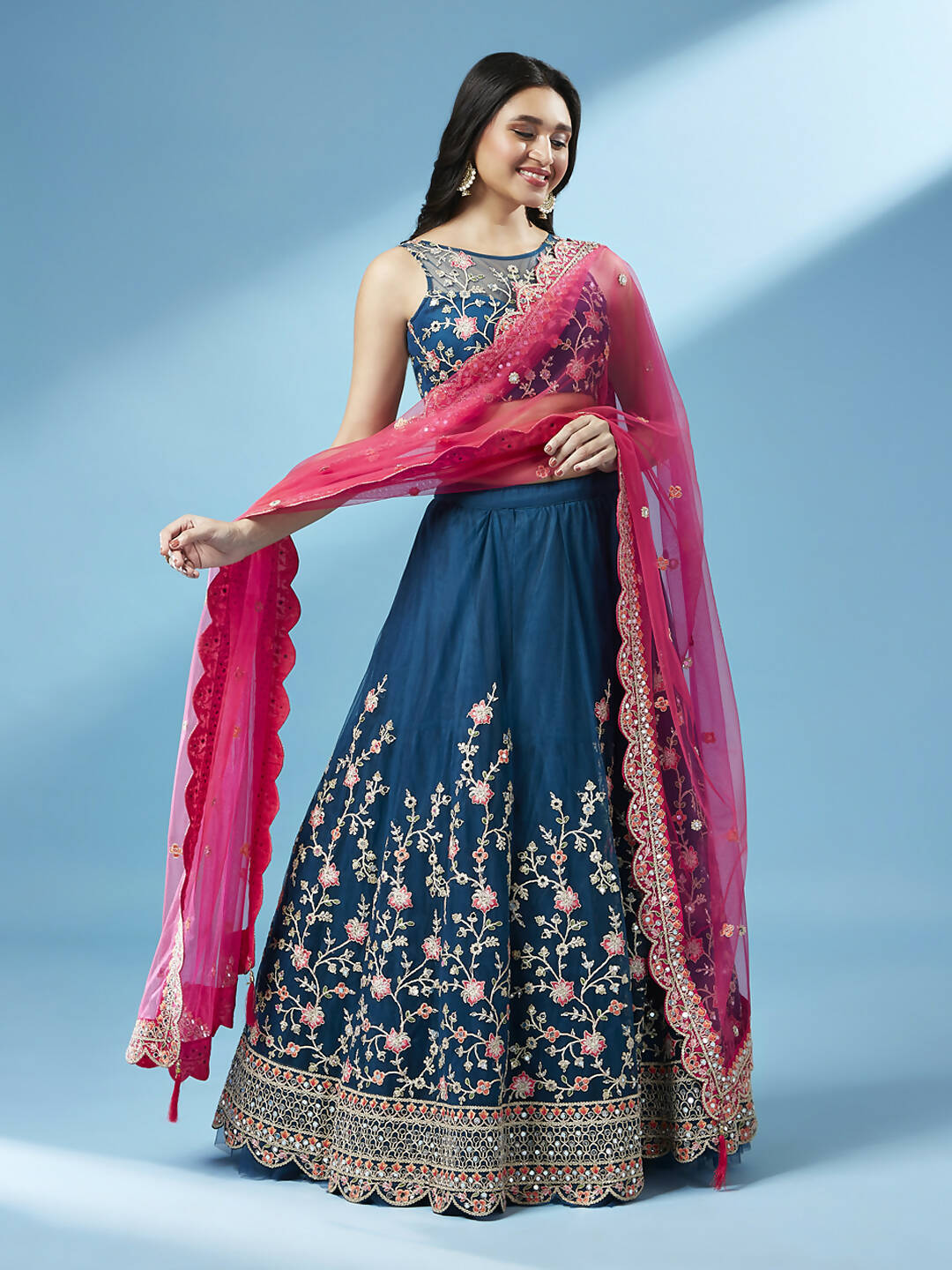 House of Panchhi Teal Net Semi stitched Coding and Mirror Work Lehenga Choli | Swadesiicart