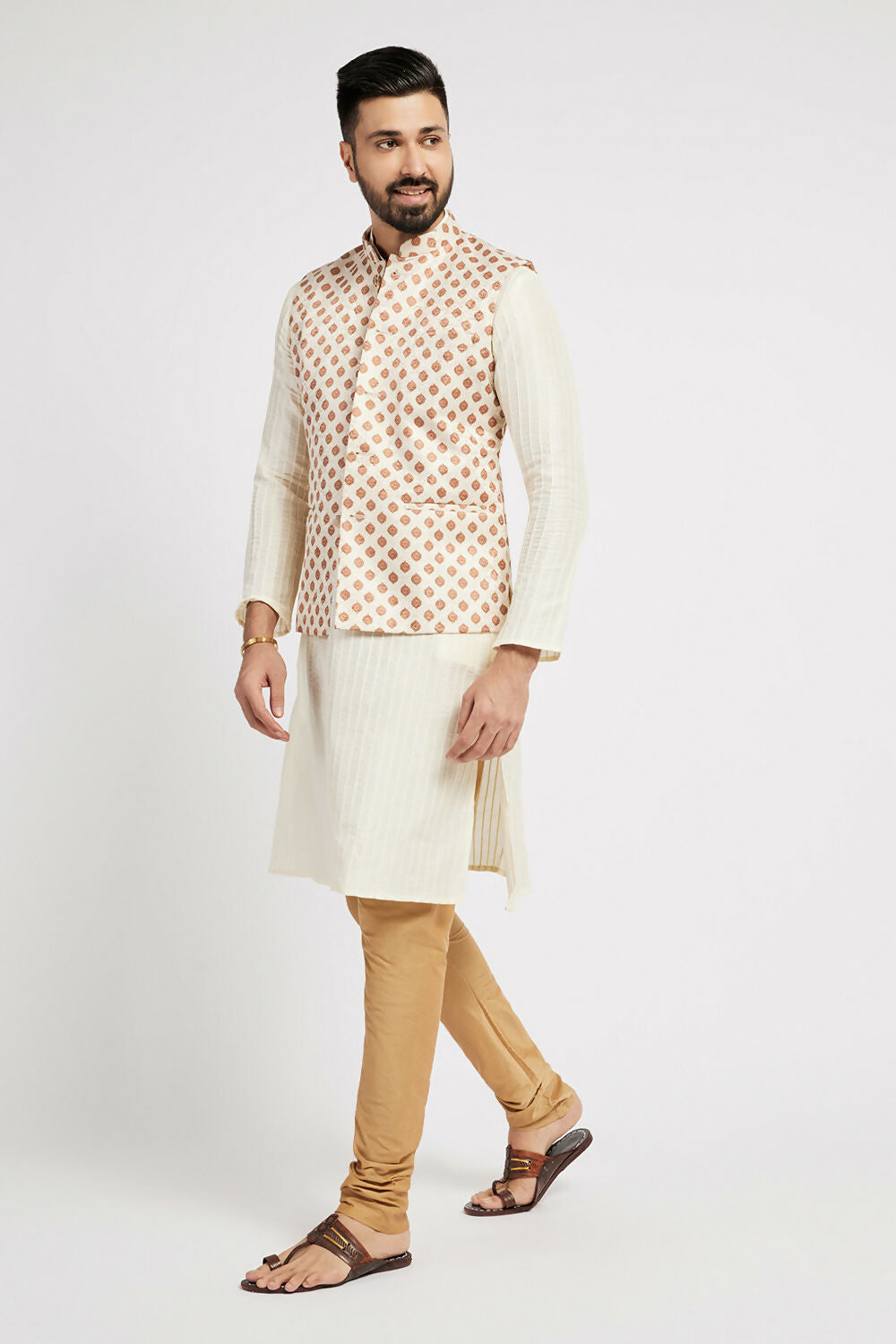 Ethnic India Cream Bundi Men's Jacket Geometric Polyester | Swadesiicart