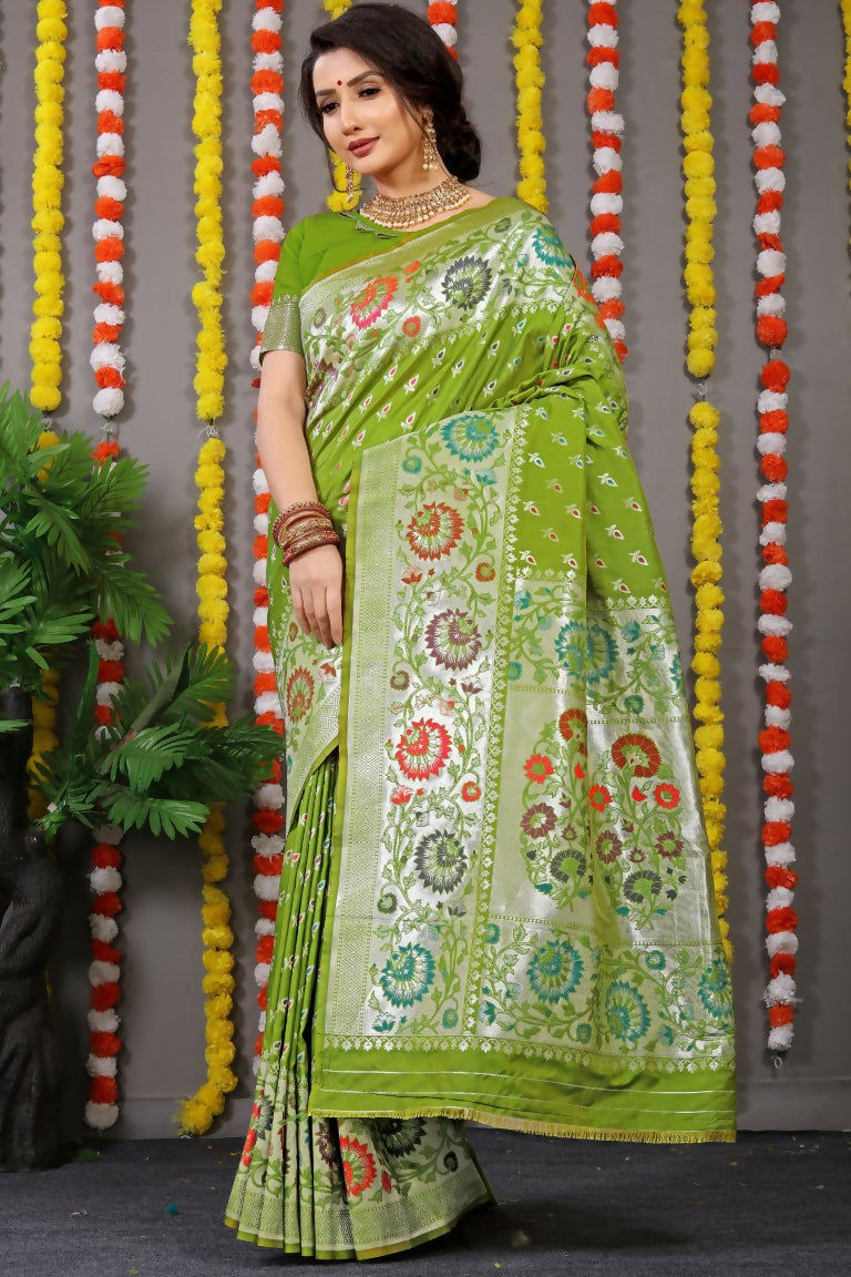 Jyoti Fashion Women's Green Banarasi Silk Zari Woven Saree with Blouse | Swadesiicart