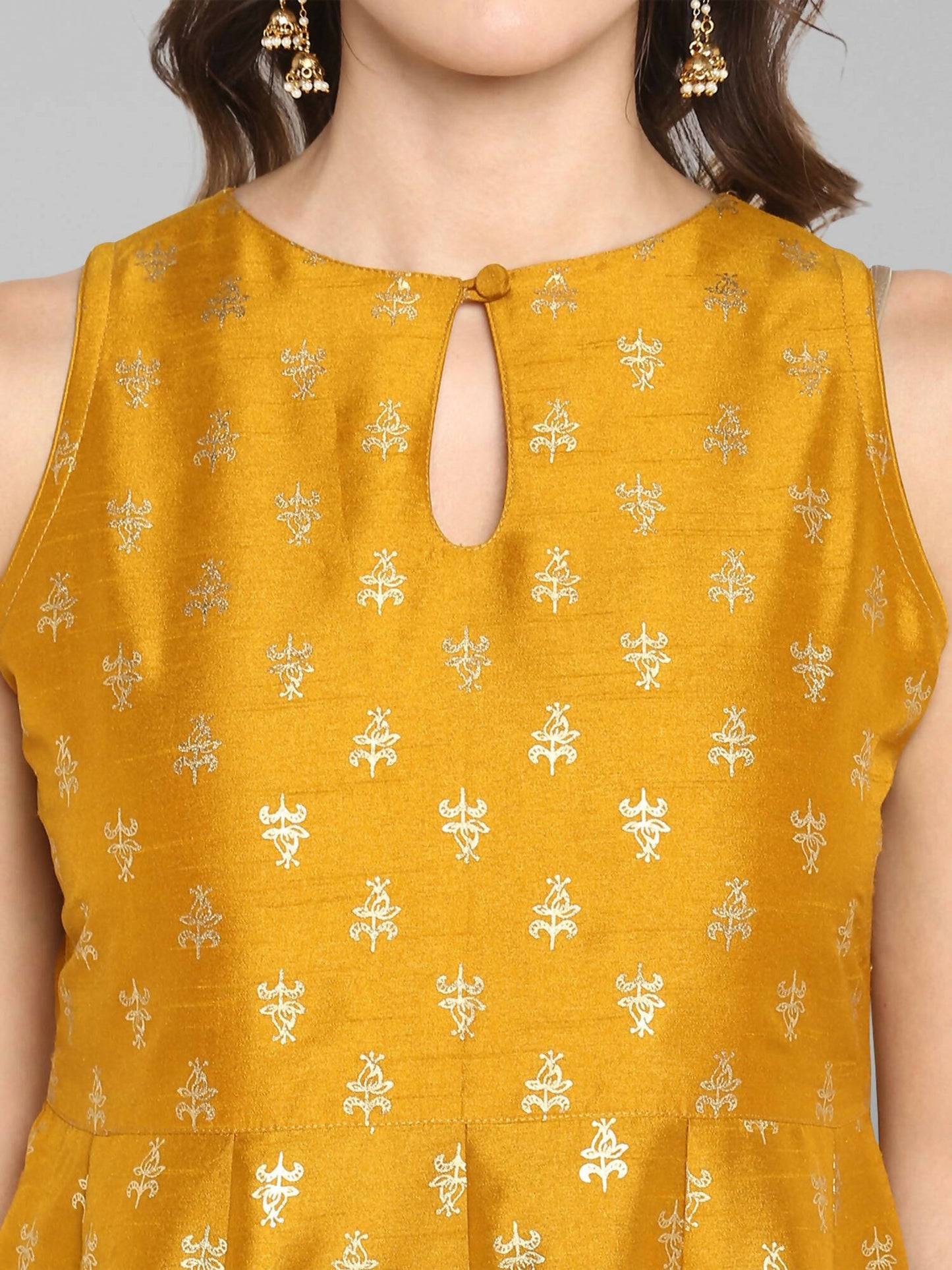 Janasya Women's Mustard Rayon Foil Print Kurti With Palazzo | Swadesiicart