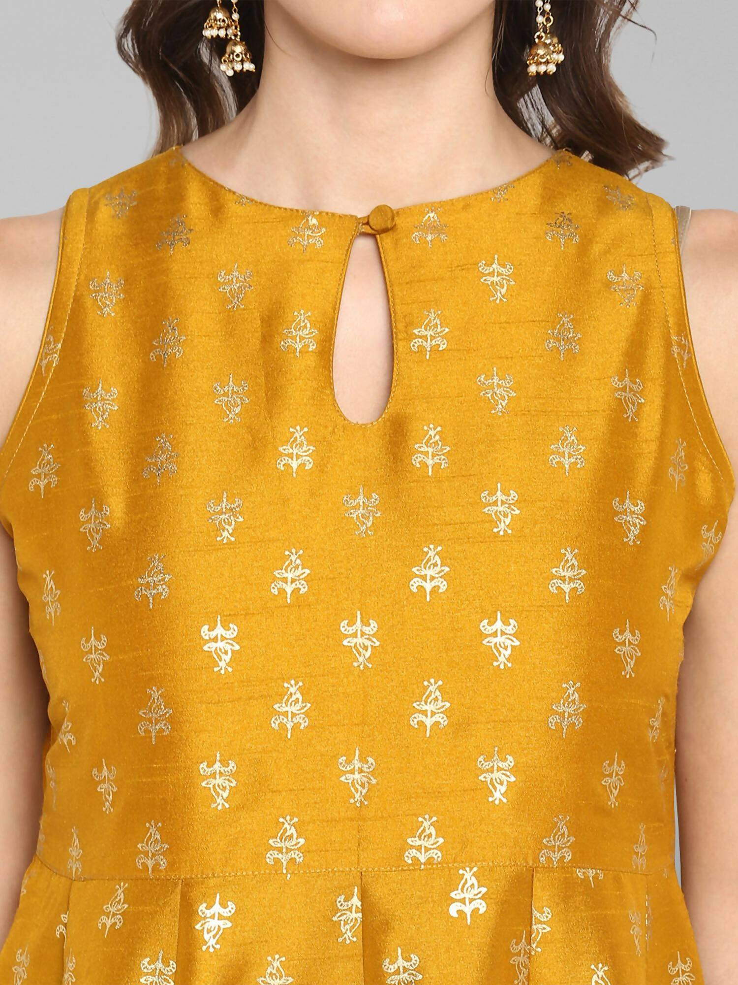 Janasya Women's Mustard Rayon Foil Print Kurti With Palazzo | Swadesiicart