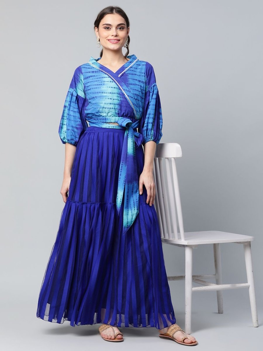 Ahalyaa Women Stunning Blue Crepe Printed Top with Skirt | Swadesiicart