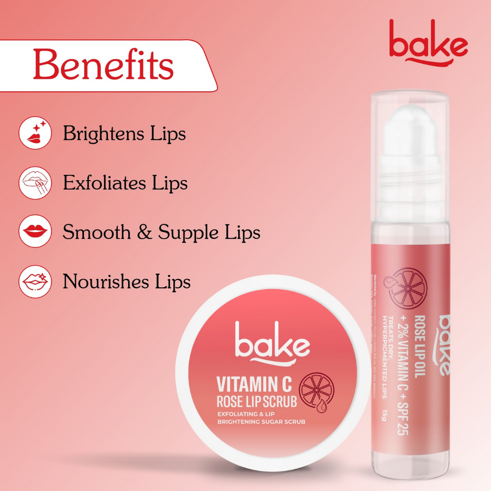 Bake Vitamin C Rose Lip Kit With Lip Balm SPF 25 & Lip Scrub For Dark & Pigmented Lips | Swadesiicart